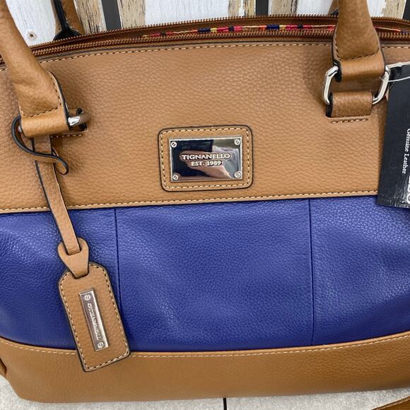 Tignanello Ink/Cognac Leather Satchel Handbag Striped Interior - New with Tags - Picture 2 of 11